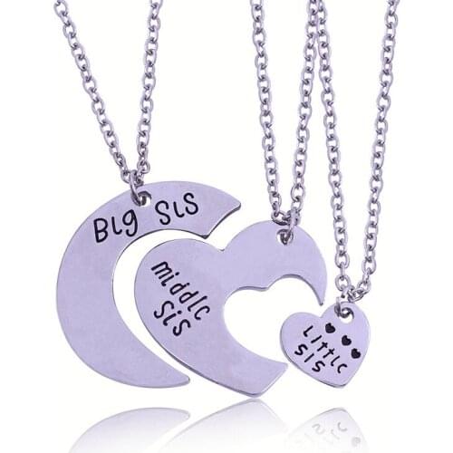 3 Piece/Set Fashion Trendy Big Middle Little Sister Necklace Jewelry Heart-Shape Family Pendant Necklace Women Best Sister Gift