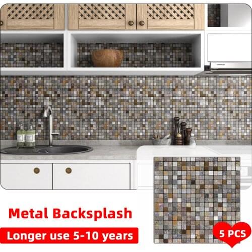 5pcs Mosaic Fabric Pattern Wall Sticker Self Adhesive Metal Thick Tile Peel and Stick Backsplash Decor DIY Bathroom Kitchen