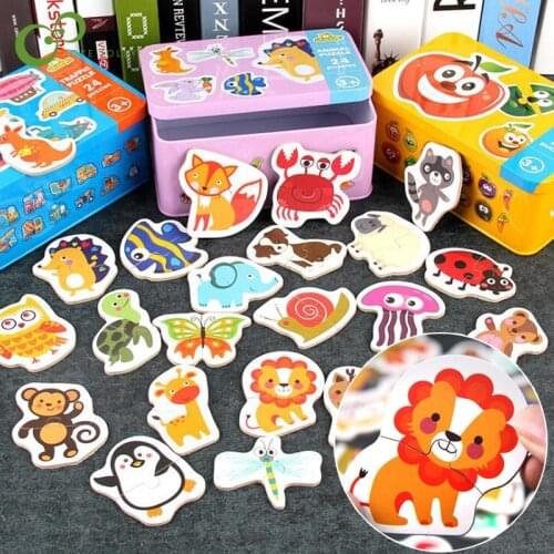 Kids Baby Wooden Wood Animal Cognition Puzzle Fruit Learning Educational Toy Family Party Game Educational Toys for Children GYH