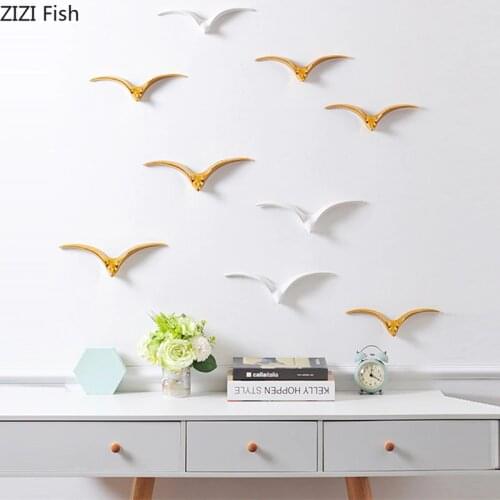 European Ceramics Pendant Three-dimensional Little Bird Background Wall Decoration Wild Goose Seagull Golden Wall Decor Crafts