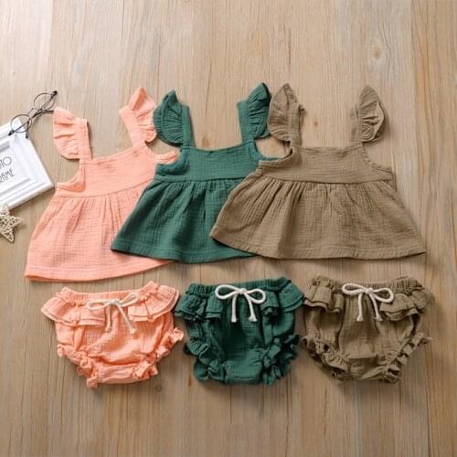 Linen Cotton Baby Girls Clothing Set Summer Ruffles Lace Strap Shirt+Belt Design Short Suit for Toddler Clothing Children Outfit