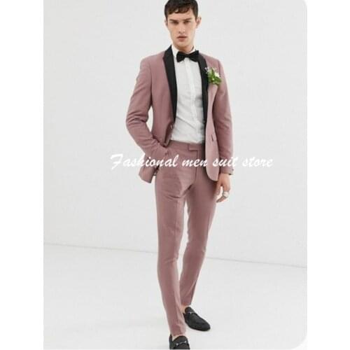 Dusty Pink Black Shawl Lapel Men Suits Prom Terno Masculino Groom Costume Homme Blazer Wedding 2 Pieces (Jacket+Short Pants)