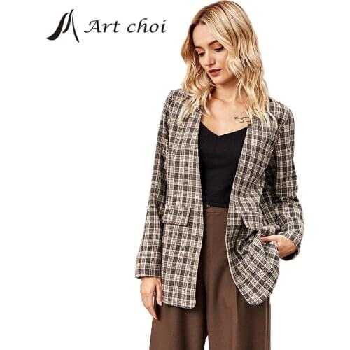 Long Vintage Blazer Women Plaid Checked Jackets Casual Leisure Suit Fashion Female Coats Korean Outerwear Temperament Overcoat
