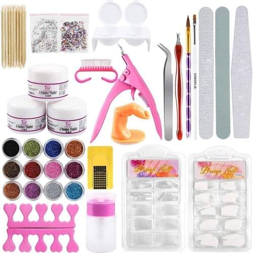Complete Nail Art Decoration Supplies Tools Kit with Glitter Rhinestones Acrylic Powder Fake Tips for Women Girls Home Salon Use