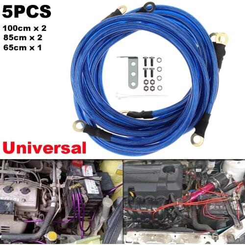 5PCS Professional Blue Universal 5-Point Car High Performance Battery Ground Grounding Earth Cable Wire Improve Power System Kit
