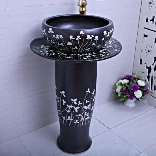 Bathroom Pedestal Washbasin Ceramic Antique Toilet Washing Table Integral porcelain Basin Artistic Pedestal Basin black