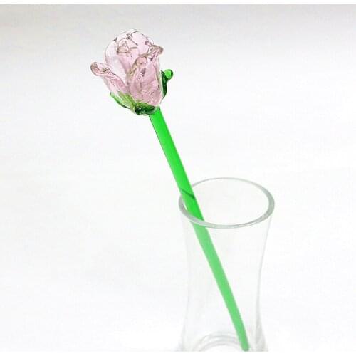 Hand Blown Pink Glass Rose Flower Figurine Craft Wedding Valentines Day Favors Gifts Table Decoration Ornament Long Handle 16cm