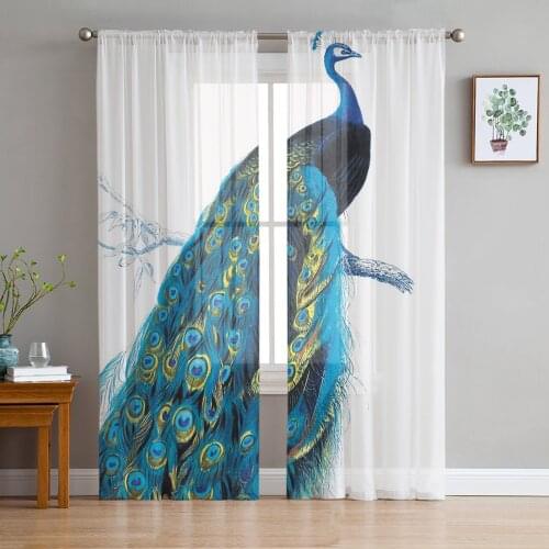 Peacock Feather Elegant White Print Sheer Window Panel Curtains Room for Living Room Bedroom Kitchen Room Chiffon Tulle Curtains