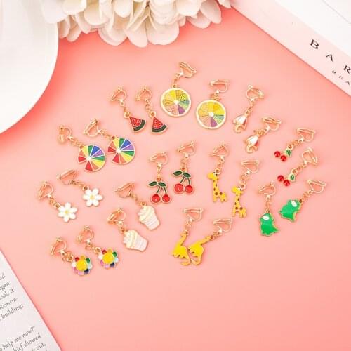 Simple Cute Cartoon Animal Fruit Kids Clip on Earrings Non Pierced for Girl Women Fashion Jewelry Party Gift