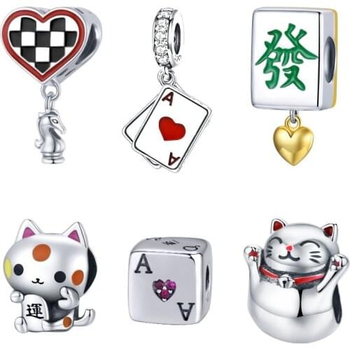 Lucky BISAER 925 Sterling Silver Lucky Dice Beads Poker Playing Card Charms for Jewelry Making DIY Accessories ECC1440