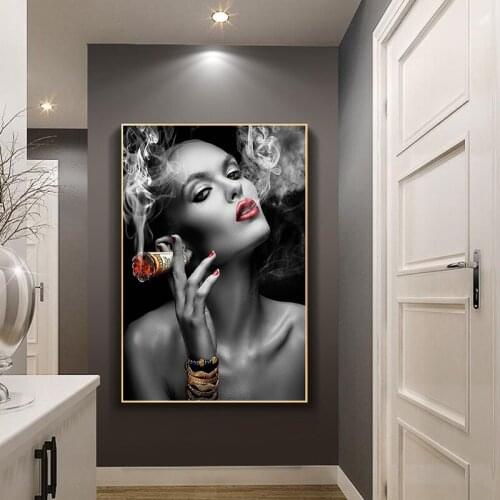 Modern Black White Sexy Smoking Woman Canvas Painting Posters and Print Cuadros Wall Art Picture for Living Room Home Decoration