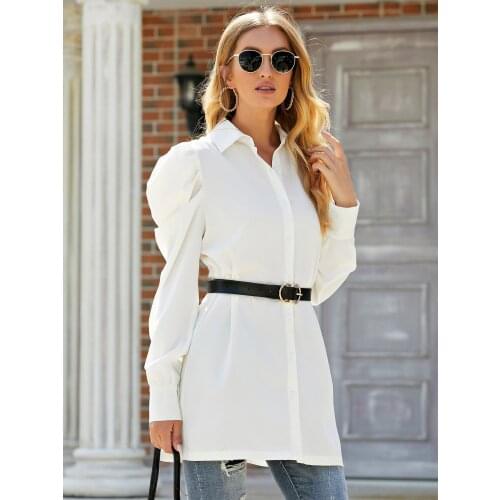 YYCZF 2021 SP & AU Women Pure Shirt Dress White Lapel Neck Tunic Bubble Sleeve Loose Slim Femme Shirt Vestidos Mujer Clothing