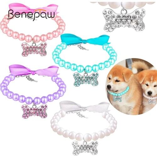 Benepaw Fashion Small Dog Pearl Necklace with Bone Rhinestone Pet Collar Adjustable Neck Strap for Puppy Cat Party Wedding