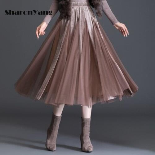 Golden Velvet Mesh Fashion Pleated Skirt Women 2021 Autumn and Winter New High Waist Lady A-line Mid-length Skirts for Women