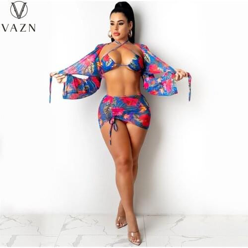 VAZN 2021 INS Bikini Swimming Lady Wind Full Sleeve V-neck Print Summer Clothing Suits 3 Piece Set Women Top And Pant