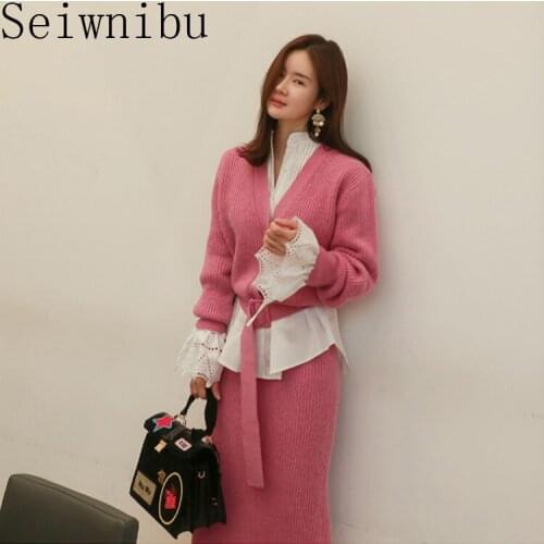 Seiwnibu Autumn Winter Women Sweater 2 Piece Set Elegant Pink Knitted Loose Belt Cardigan + Elastic Waist Split Skirts Outfits