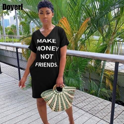 Letter Print Black T Shirt Dress Women Summer Midi Dress 2021 Streetwear Short Sleeve V Neck Knee Length Loose Casual Dress