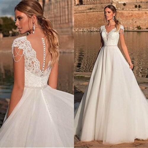 Graceful Tulle V-neck Neckline A-line Wedding Dress With Lace Appliques & Beadings Illusion Back Vestidos de novia Bridal Dress