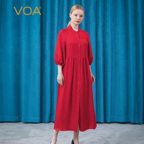 VOA Silk Jacquard Stand-up Collar Lantern Sleeve Beef Tendon Convergent Single-breasted Loose Casual Dress Women AE851