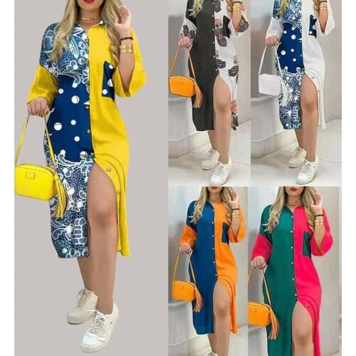 Color Block Lapel Slim Straight Midi Dress Stitching Pocket Half Sleeve Female Single-Breasted Button Dress Long Shirt Dress