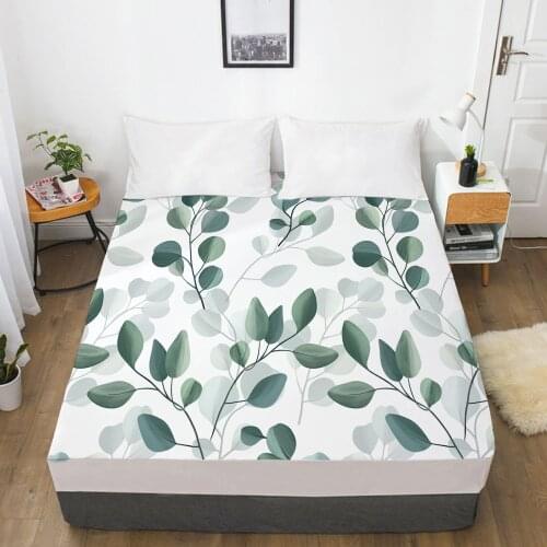 New Product 1pc 3D HD Nordic Fitted Sheet Mattress Cover Four Corners With Elastic Band Bed Sheet 160x200 150x200 Green leaf