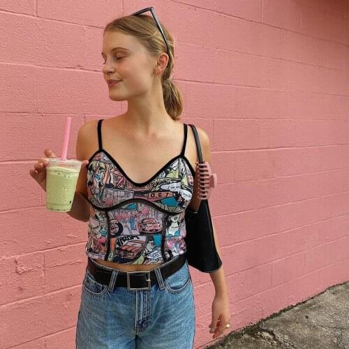 2021 Cartoon Print Cami Tops E-girl Kawaii Graffiti V-neck Spaghetti Strap Cropped Top Aesthetics Backless Harajuku Cute Tanks