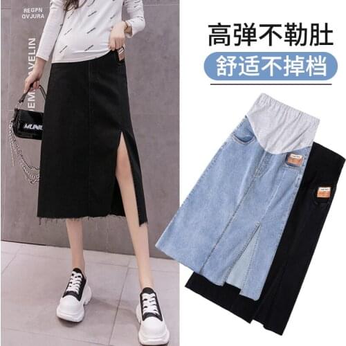 8948# Autumn Fashion Denim Maternity Pencil Skirts Elastic Waist Belly Side Splits Skirts Clothes for Pregnant Women Casual