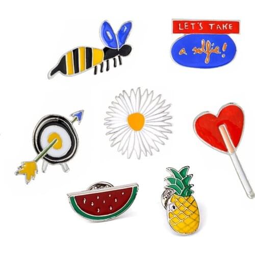 Watermelon Pineapple "Lets take a selfie" Bees Flower Arrow Love Shape Brooch Pins For Men Women Hat Jackets Sweater Brooches