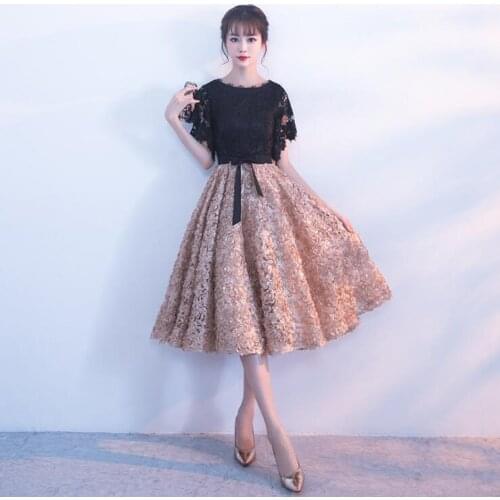 Black Champagne Elegant Dresses Midi Formal Party Dress Short Sleeves Women Dress Female Lace Formal Party Dress