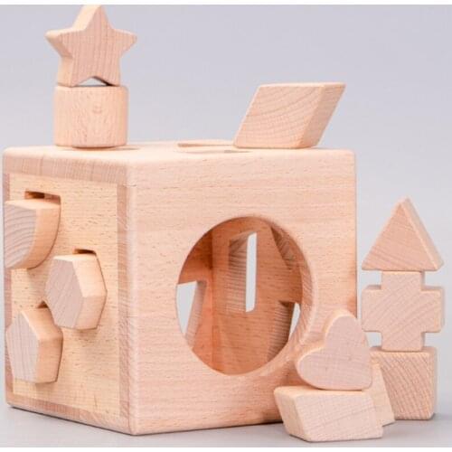 Kids Wooden Shape Sorter Cube Unpainted Building Block Box Educational Toys Baby