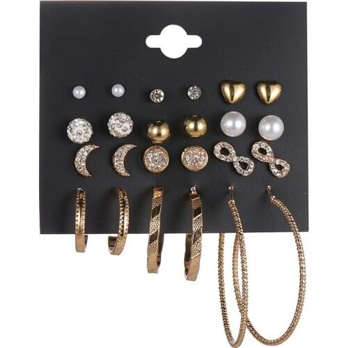 Hot Sale Big Circle Moon Star 12 pair Set Combination Earrings Women Crystal Fashion Jewelry