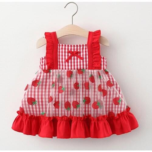 Kawaii Strawberry Print Children Dresses For Toddler Baby Kids Girls Ruched Ruffle Lace Summer Princess Dresses Casual Clothes