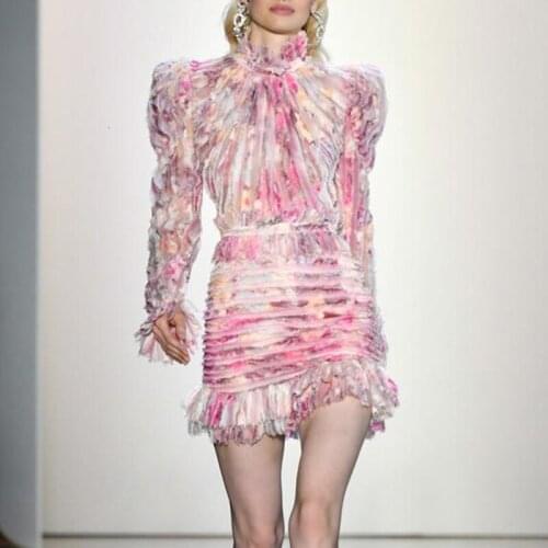 2019 Fall New Gold Diamond Velvet Cascading Ruffles Stitched Stand Collar Long-sleeved Fashion Dress Women