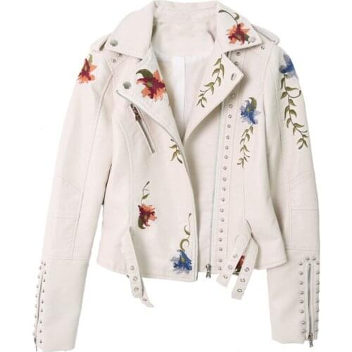 Women Black Beige Floral Print Embroidery Faux Soft Leather Jacket Coat Casual Pu Motorcycle Punk Outerwear Turn-down Collar