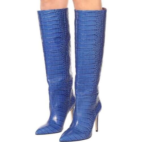 Sexy Snakeskin Printed Knee High Boots Pointed Toe Blue Yellow Green Black Python Leather Tight High Boots Stiletto Heels Shoes