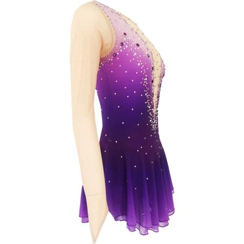 Purple Figure Skating Dress Fingerpoint Sleeves Ice Skating Skirt Long-Sleeved Spandex Skirt Competition Dresses