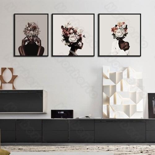 European Style Canvas Painting Poster African Black Charming Woman Headdress Bunches of Bouquet for Home Room Wall Decoratio