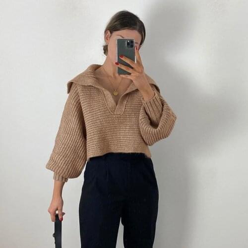 Ardm Za Casual Oversize Brown Woman Sweaters V Neck Knitted Loose Sweater Vintage Lantern Sleeve Female Pullover Women Crop Tops