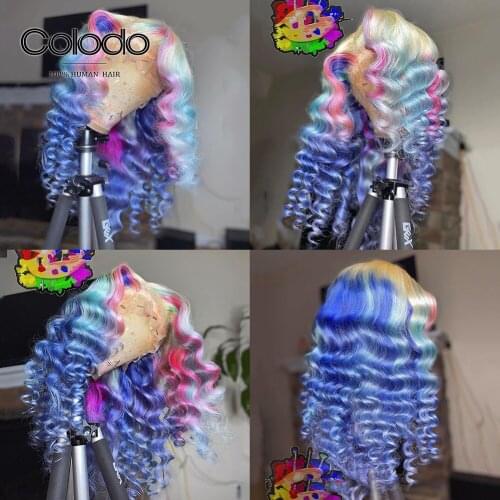 Ombre Blue Curly Human Hair Wig Pink Highlight Wig Human Hair with Baby Hair Pre Plucked 13x4 Lace Front Wig for Women COLODO