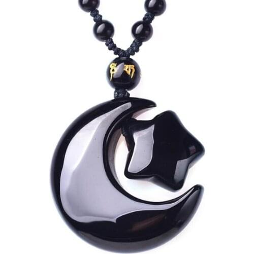 Natural obsidian sun, moon and stars pendant necklace for men stylish simple personality couples ornaments stars and moon