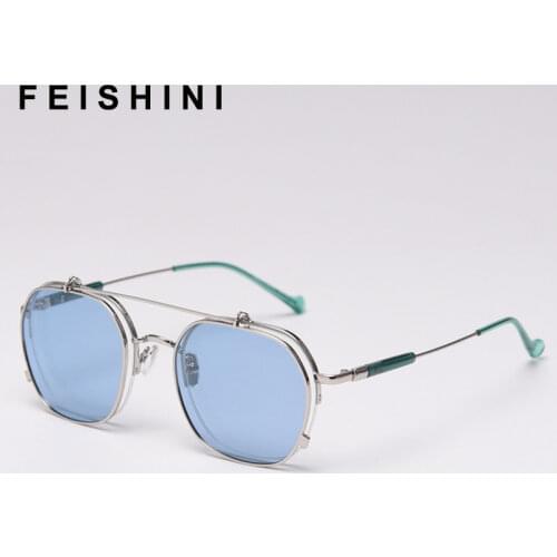 FEISHINI Celebrity Oval Women Brand Sunglasses Polarized Steampunk Luxury Metal Fashion 2020 Drive Glasses Men Flip Cover Design