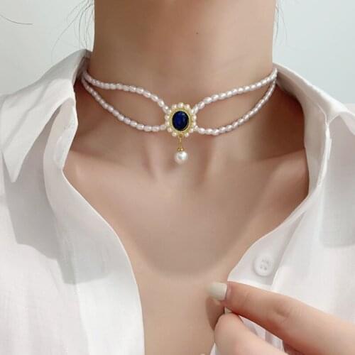 TARCLIY Elegant Vintage Double-Layer Imitation Pearls Blue Stone Pendant Necklace Women Short Clavicle Chain Jewelry Gift 2021