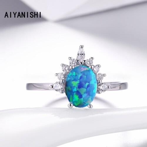 AIYANISHI Vintage 925 Sterling Unique Ring Classic Wedding Round Blue Opal Ring Silver Jewelry For Women Wedding Christmas Gifts