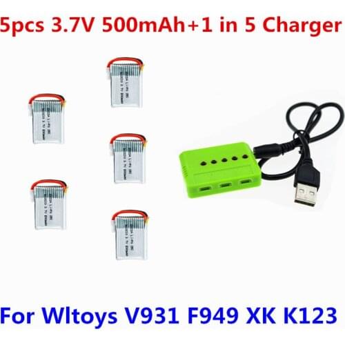 Wltoys 5Pcs/lot 3.7V 500mAh 25C LiPo Battery+ 5 In 1 USB Charger Spare Parts For Wltoys V931 F949 XK K123 6Ch RC Helicopter
