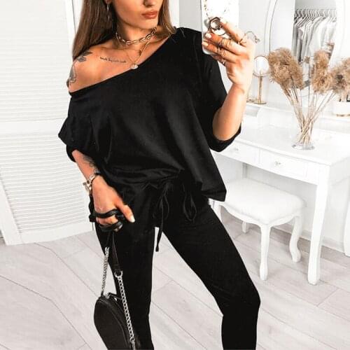 New Autumn Sexy Women 2 Piece Set Pajamas Fashion Solid Off Shoulder Long Sleeve Top + Lace Up Pants Casual Set Tracksuit