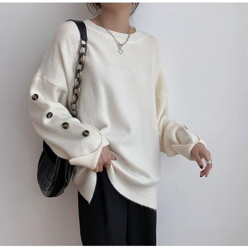 2021 Autumn New Women Knitted Sweaters Female PulloverTops Solid O-neck Soft Button Sleeves Elegant Office Lady Casual All Match