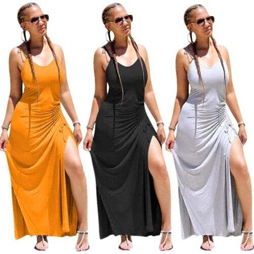 Spaghetti Strap Split Long Dress Women Sexy V Neck Sundress 2020 Ladies Pleated Waist Drawstring Party Dress Summer Streetwear