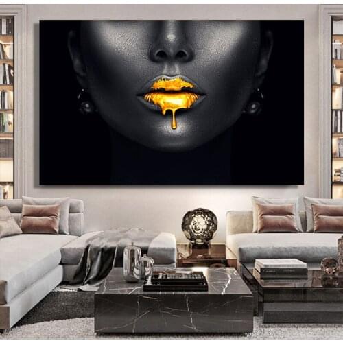 Gold Lips African Black Woman Canvas Paintings on The Wall Art Posters and Prints Black Face Pictures for Living Room Unframed