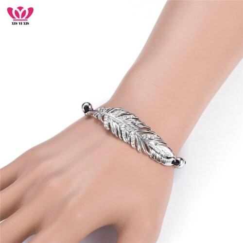 Gold Color Big Feather Charm Bracelet CZ Crystal Adjustable Elastic Cord Chain Bracelet Fashion Jewelry Dropshipping
