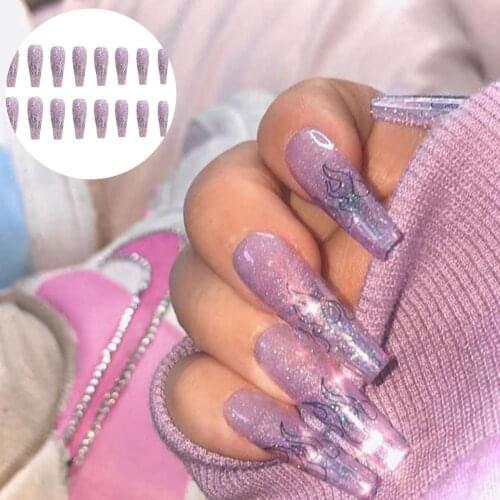 24Pcs Ultra-thin Punk Style Nail Patch Tips Purple Fake Nail Long Ballerina Coffin Diy Fashion Nail Art Manicure Tool With Glue